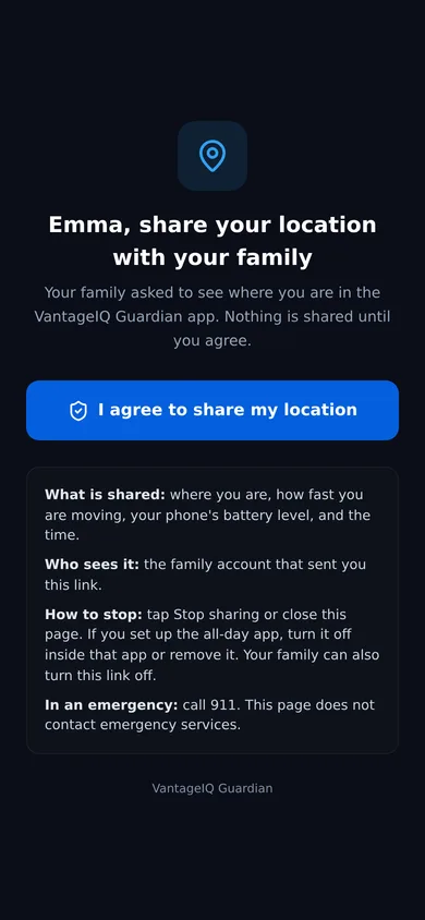 The page that asks one person to agree to share their location, with what is shared and how to stop