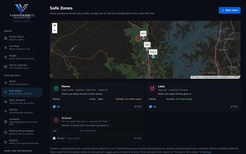 Safe zones drawn on a map in Guardian
